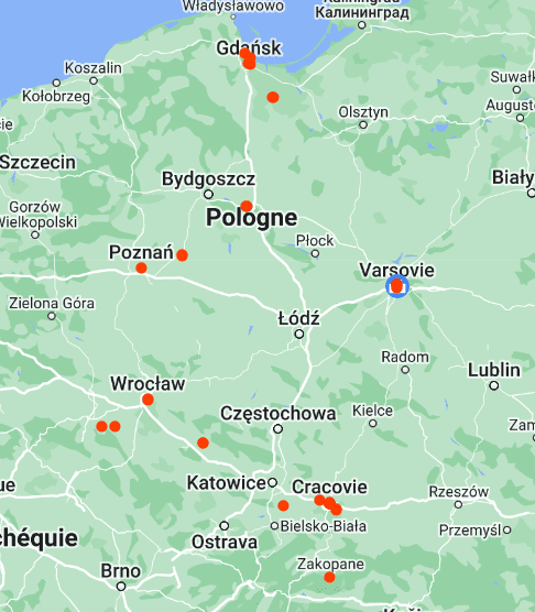 Carte avec tous les points visités pendant notre roadtrip en pologne - © Le Voyage de FloLili - Blog de Voyage